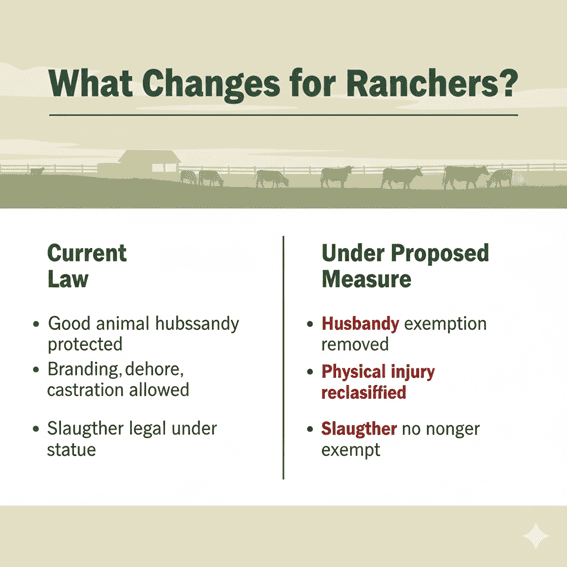 Current statutory protections for livestock management compared to proposed changes in the Oregon ballot measure, Generated with Gemini. using official IP28 petition text