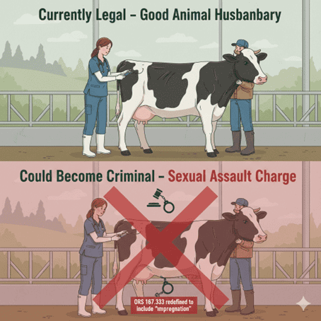 Standard artificial insemination practices used by Oregon dairy and livestock farmers could be prosecuted as sexual assault under IP28's revised definitions, Created with Gemini, using official IP28 petition text