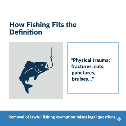 Under the proposed statutory language, physical injury definitions could apply to catch-and-release fishing. Generated with Gemini, using official IP28 petition text