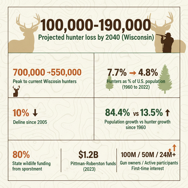 Key numbers behind the hunter decline, Data from WAOW/WXPR, Wildlife for All, Congressional Sportsmen's Foundation, and other cited sources, created with Gemini.