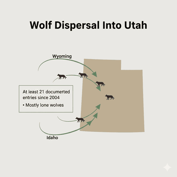 Wolf dispersal data, Created with Gemini, Data from The Salt Lake Tribune